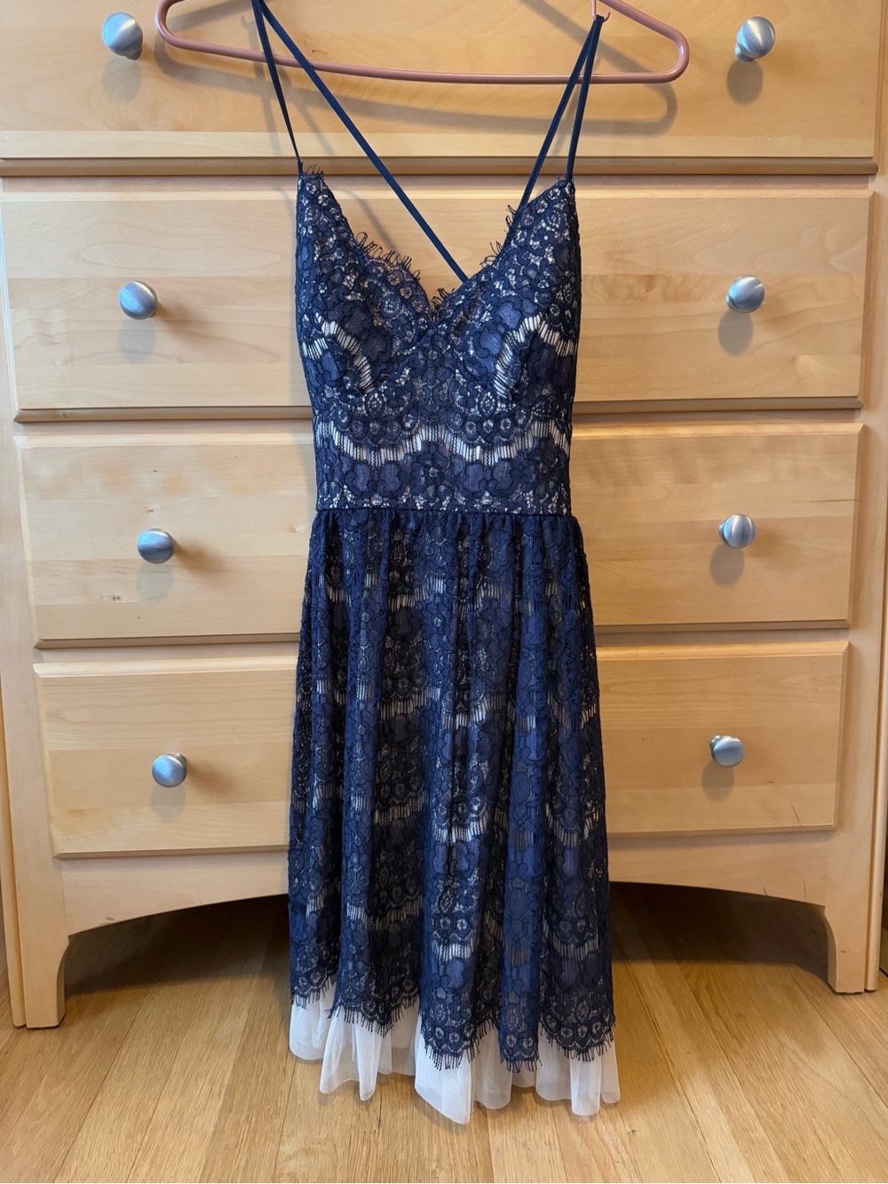 Trixxi Navy Lace Spaghetti Strap Mini Dress with Open Back